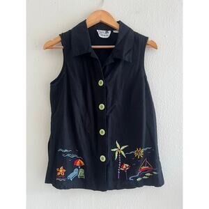 Copa Cabana linen‎ blend embroidered button up top Small Boho Artsy Summer